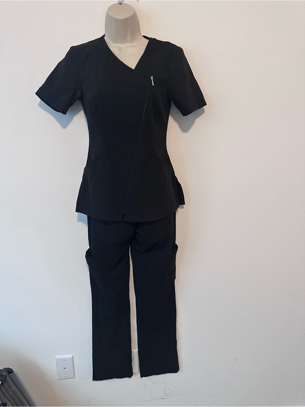 Black V-Neck Asymmetrical Zip Top & Cargo Trousers scrub pants